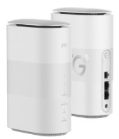 ראוטר סלולרי ZTE MC888 WiFi-6 AX3600 5G – שני ראוטרים לבנים: אחד מראה חזית עם נוריות והשני גב עם