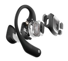 אוזניות אלחוטיות צבע שחור Shokz OpenFit Open-Ear – מבט מפורק של אוזניית Shokz שחורה אחת המציג את רכיביה הפנימיים