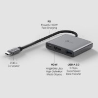 רכזת Tp-Link UH3020C USB Type-C 3-IN-1 Hub – פריט בודד בצבע אפור מציג את חיבורי ה-HDMI PD ו-USB 3 0