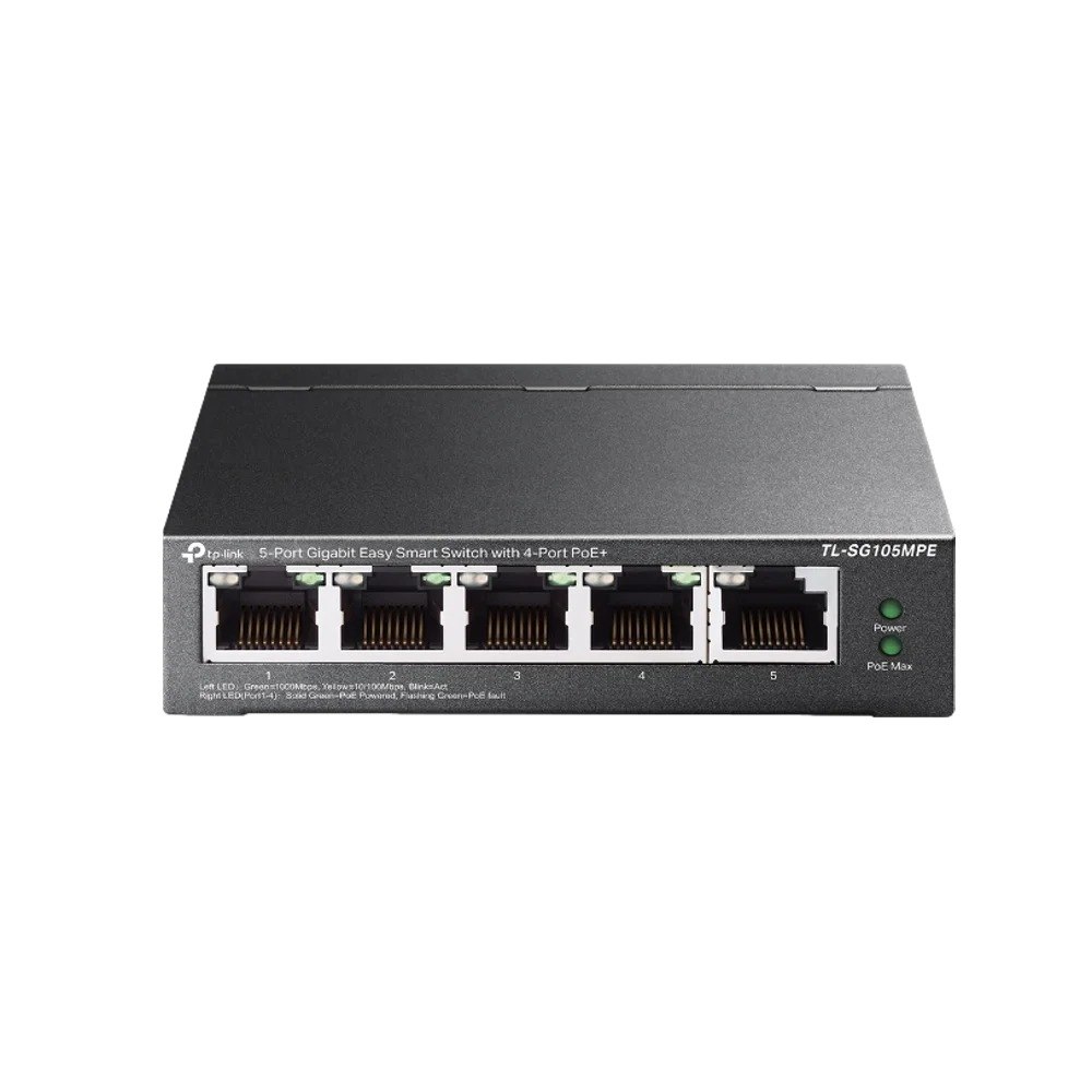 מתג חכם +TP-Link TL-SG105MPE 5-Port Gigabit Easy Smart PoE Switch with 4-Port PoE – מציג מתג רשת כהה עם חמישה חיבורי רשת