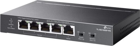 מתג שולחני TP-Link 5-Port Gigabit with 4-Port PoE+ TL-SG1005P-PD – מבט על המתג השחור עם 5 כניסות רשת