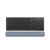 כרית יד Breyta Keyboard Wrist Rest – משענת אפורה-כחלחלה עם לוגו Fellowes מתחת למקלדת שחורה