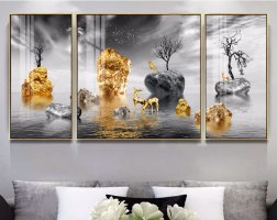 המיוחדים שלנו! "איי צוקי הזהב" | סט שלושה תמונות קנבס בסגנון דקורטיבי נוף מונוכרום שחור לבן וזהב