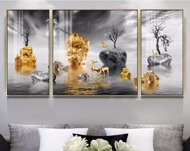 המיוחדים שלנו! "איי צוקי הזהב" | סט שלושה תמונות קנבס בסגנון דקורטיבי נוף מונוכרום שחור לבן וזהב