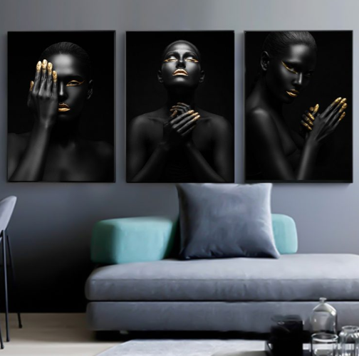 סט שלושה הדפסי קנבס מודרנים שחור זהב "See-Pray-Manifest" | תמונות לבית | סט תמונות מיוחדות