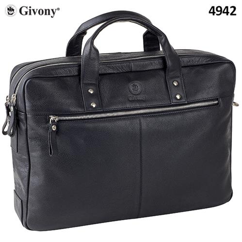 תיק עור איכותי ללטפטופ מבית GIVONY גבעוני 41x30x12ס"מ שחור, תא מרכזי כפול, רצועת כתף + שתי ידיות מתאים למחשב נייד עד גודל 15.6" דגם GV-4942