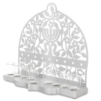 חנוכיית אלומיניום כסוף  נגזרת מנורה ופרחים