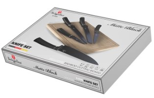 סט 5 סכינים כולל קרש חיתוך במבוק Berlinger Haus Matte Black BH2549 – קופסת מוצר עם תמונה של סכינים שחורים וקרש חיתוך