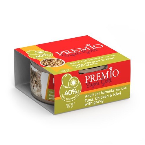 PREMIO מעדן נתחי טונה עוף וקיוי ברוטב 85 גרם