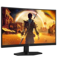 מסך גיימינג קעור Aoc C27G42E 180Hz – מסך שחור קעור יחיד מציג דמות לוחם במשחק על רקע מדברי