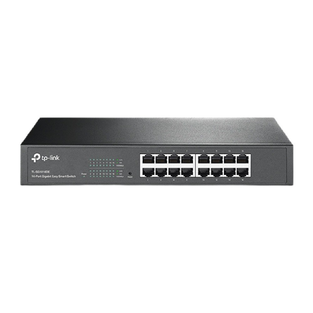 מתג חכם TP-Link 16 Ports Gigabit TL-SG1016DE Easy – מכשיר אפור כהה עם 16 חיבורי אתרנט קדמיים