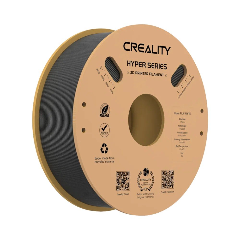 סליל הדפסה צבע שחור עבור מדפסת תלת מימד Creality – פריט בודד של פילמנט שחור על סליל חום בהיר עם מיתוג Creality
