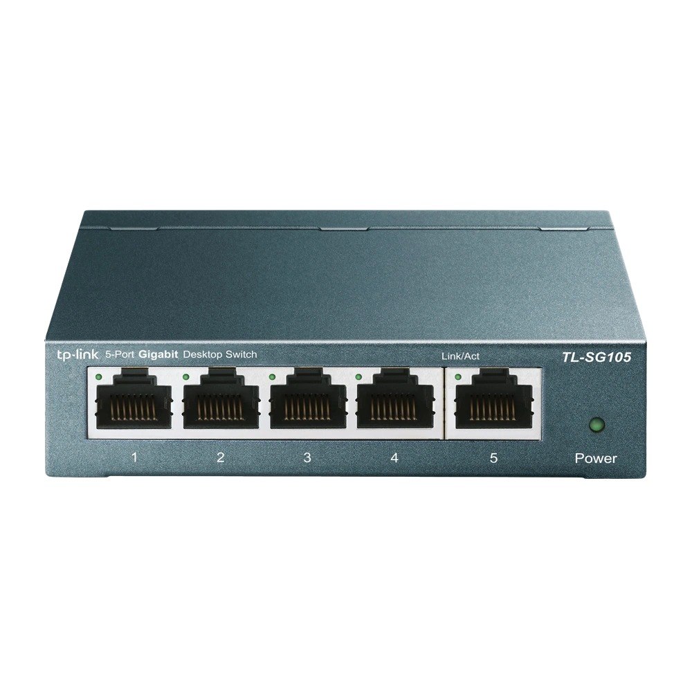 מתג שולחני TP-Link 5 Ports Gigabit 10/100/1000Mbps TL-SG105 – מתג רשת אפור כהה עם חמש כניסות RJ45 ונוריות חיווי 4K