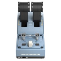 ג'ויסטיק Thrustmaster Officer Pack Airbus – בקר מצערת בצבע תכלת עם שני מנופים שחורים וכפתורי הפעלה מוצג על רקע לבן