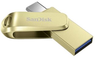 זיכרון נייד צבע זהב Sandisk Ultra Dual Drive Luxe 256GB – כונן הבזק זהב עם מחברי USB-C ו-USB-A פתוחים על רקע לבן