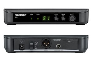 מערכת סאונד אלחוטית Shure BLX24E/B58-G18 – מקלט BLX4 שחור בודד במבטים קדמי ואחורי המציגים את הפקדים