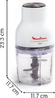 קוצץ מזון חשמלי Moulinex DJ520110 – קוצץ מזון לבן ושקוף עם להבים מוצג לצד מידותיו