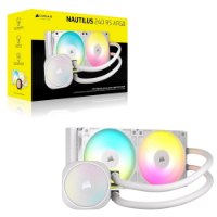 קירור נוזלי למעבד צבע לבן Corsair NAUTILUS 240 RS ARGB – מערכת קירור נוזלי לבנה עם מאווררים מוארים מוצגת לצד אריזתה