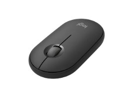 עכבר אלחוטי צבע גרפיט Logitech Pebble 2 M350s – עכבר בודד בצבע גרפיט מונח בזווית על רקע לבן עם USB