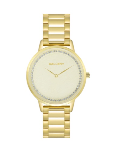 שעון גלרי זהב עם לוח זהב משובץ אבנים לאישה Gallery