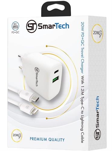 מטען קיר PD+QC 20W GaN  עם כבל טייפ-סי Lightning למוצרי אפל - דגם STTC20W - פתרון טעינה מושלם מבית SmarTech