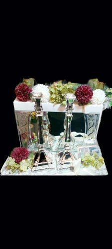 זוג פמוטי שניר מכסף טהור ומגש לפמוטים בתוספת עיצוב פרחים יוקרתי-  פרסטון