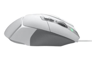 עכבר גיימינג חוטי Logitech G502 X – מבט צד על עכבר לבן עם כפתורים, גלגלת ואור ירוק