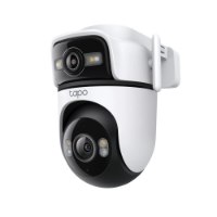 מצלמת אבטחה Tp-Link Tapo C545D – 2 4GHz מצלמה לבנה ושחורה עם עדשות כפולות ואנטנה בולטת