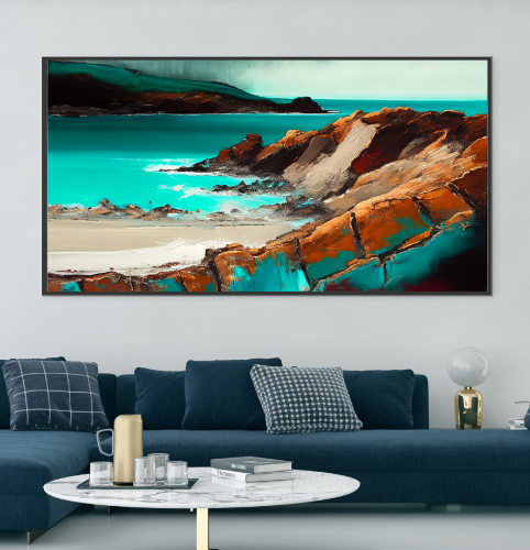 "חוף טורקיז" הדפס ציור חוף ים סלעי בגווני חום טורקיז ותכלת | מסגור ללא עלות | תמונה גדולה לסלון
