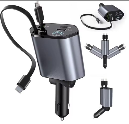 4 ב 1 מטען מהיר 120W לרכב עם כבלים נישלפים מתאים לאייפון ואנדרואיד