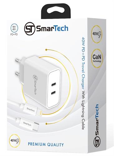 מטען קיר כפול 40W GaN - עם כבל PD Lightning - דגם STTC40W חברת SmarTech