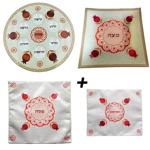 סט מלא לפסח צלחת פסח מצה כיסוי לפסח ומצה דגם רימון אדום