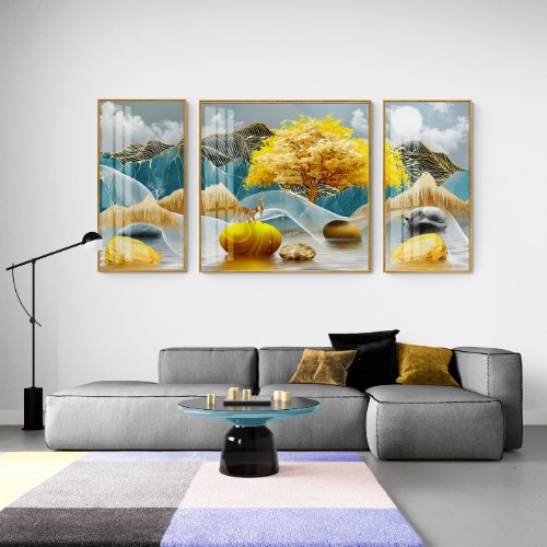 תמונה קנבס מעוצבת מחולקת לשלשה ייחודית | "פסגות זהב"  - תמונת נוף דקורטיבי לסלון או לפינת אוכל