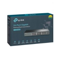 מתג 24 פורטים Tp-Link TL-SG1024D Gigabit – קופסת אריזה כחולה-אפרפרה של המתג עם תמונתו ופרטים על תכונותיו