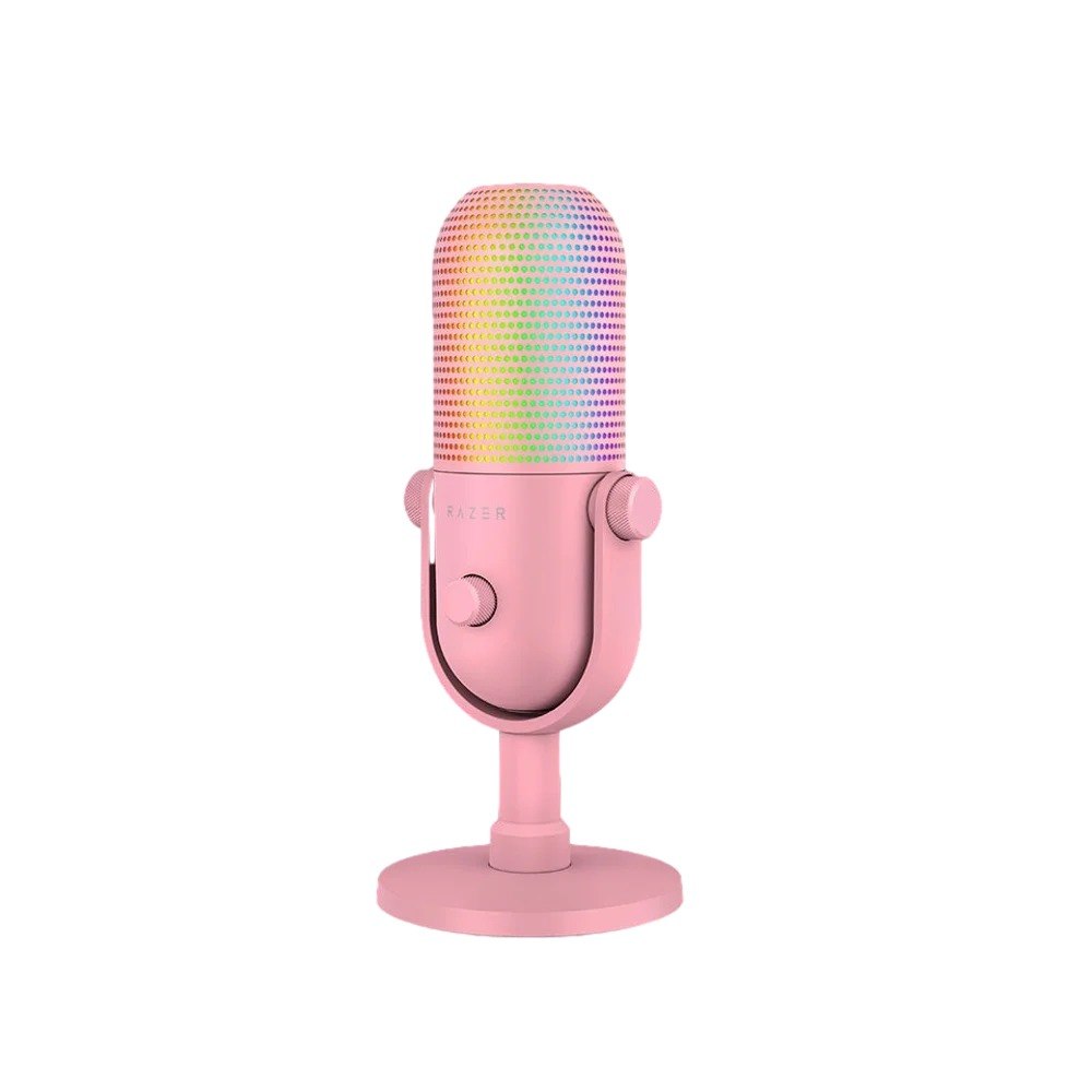 מיקרופון סטרימינג צבע ורוד Razer Seiren V3 Chroma RGB – מיקרופון בצבע ורוד עם תאורת RGB ססגונית ברשת עומד על מעמד USB