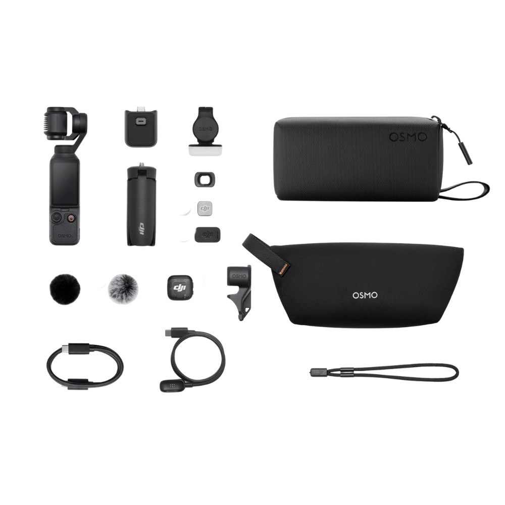 מצלמת גימבל DJI Osmo Pocket 4P Creator Combo – המצלמה השחורה ואביזרים נלווים רבים מונחים על רקע לבן 4K