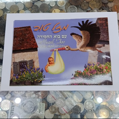 מארז מתנת לידה חגיגי "מזל טוב עם בוא החסידה" כולל מטבע זיכרון כסף "החסידה והברוש", בנק ישראל