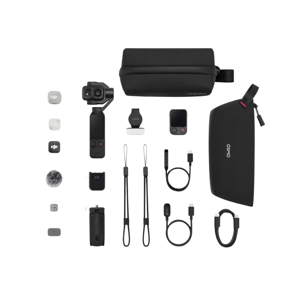 מצלמת גימבל DJI Osmo Pocket 4P Vlog Combo – טעינה מהירה מציגה את המצלמה ואת כל אביזרי הערכה מונחים על רקע לבן