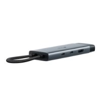 מפצל Tp-Link UH6120C USB Type-C 6-in-1 – מפצל אפור מלבני עם כבל קלוע שחור מציג יציאות HDMI ו-USB