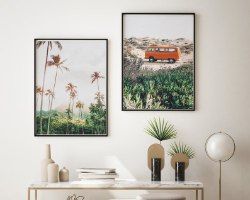 סט זוג תמונות קנבס הדפס צילום באוירת חוף ורכב וינטאג' "Take A Ride To The Beach" | תמונות לבית
