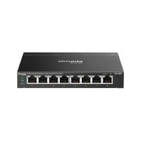 מתג 8 פורטים +Omada DS108GP PoE – אלחוטי מתג רשת שחור עם שמונה פורטים קדמיים על רקע לבן