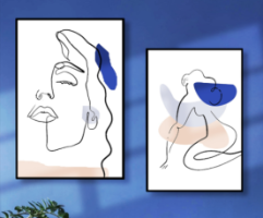 זוג תמונות קנבס אבסטרקטי בסגנון line art פני אישה וגוף נשי  "Minimal Blue Line" |תמונות לבית