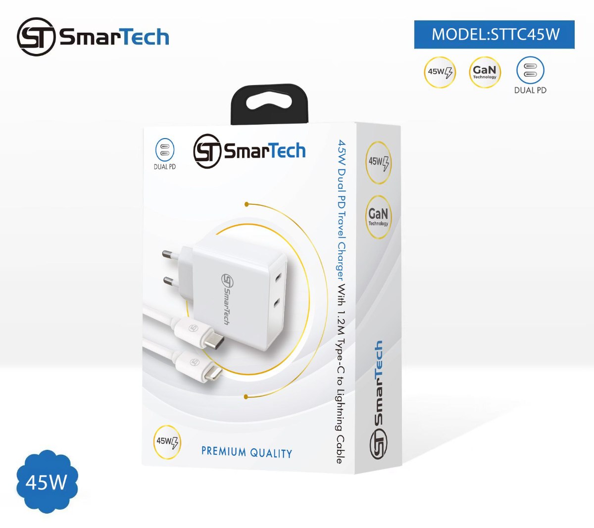 מטען קיר כפול Dual PD 45W - עם כבל טייפ-סי ל-Lightning - דגם Sttc45w בטכנולוגיית GaN - חברת SmarTech