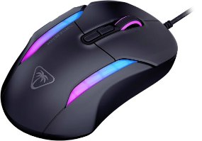 עכבר גיימינג חוטי Turtle Beach Kone II – מבט מלמעלה על עכבר שחור עם תאורת RGB סגולה וכחולה, וגלגלת