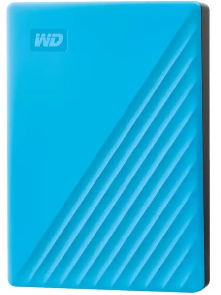 כונן קשיח חיצוני בצבע כחול Western Digital My Passport 5TB – USB כונן קשיח כחול עם לוגו WD ודוגמת פסים על רקע לבן