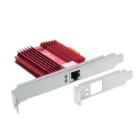 כרטיס רשת TP-Link 10 Gigabit PCIe TX401 V1 – כרטיס רשת פריט בודד עם גוף קירור אדום ושני מתאמים כסופים