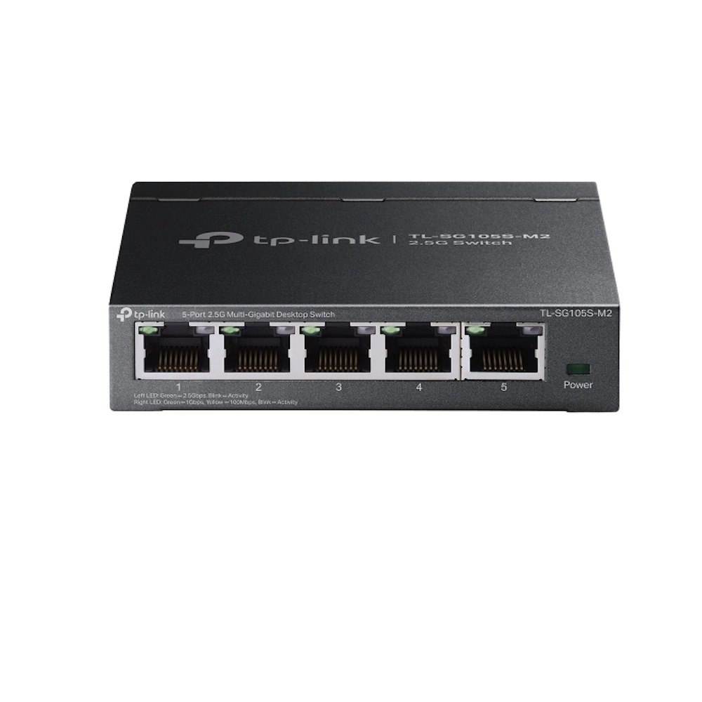 מתג שולחני TP-Link 5 Ports 2.5G Multi-Gigabit TL-SG105S-M2 – מתג רשת אפור כהה פריט בודד עם חמישה חיבורי LAN קדמיים Wi-Fi