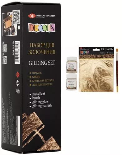 ערכת דקולה לציפוי זהב כוללת גליונות זהב, דבק, לכה ומכחול