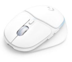 עכבר גיימינג אלחוטי Logitech G705 – מבט עליון-צידי על העכבר הלבן המואר בתאורה כחולה