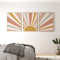 "Boho Sunrise" -סט שלוש תמונות לחדר שינה ילדים, נוער או לחדר בעיצוב בוהמי, תמונה מעוצבת של שמש זורחת